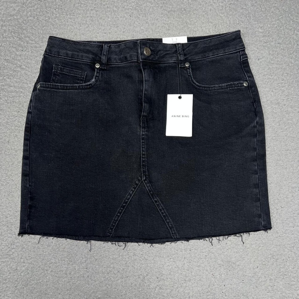 NWT Anine Bing Mini‎ Skirt Women's Size L Black Denim Frayed Cut Off Hem A-Line